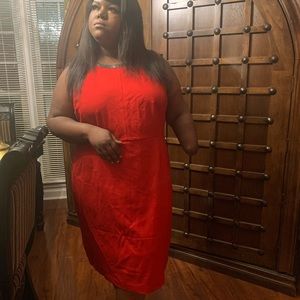 Red dress with faux leather trim